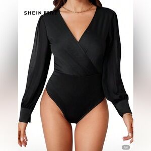 Shein Black Long Sheer Sleeve Surplice V Neck Bodysuit NWT